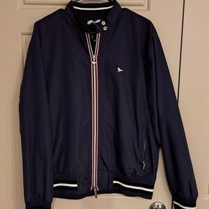 Modern Amusement Navy Bomber Jacket with Red and White Stripes